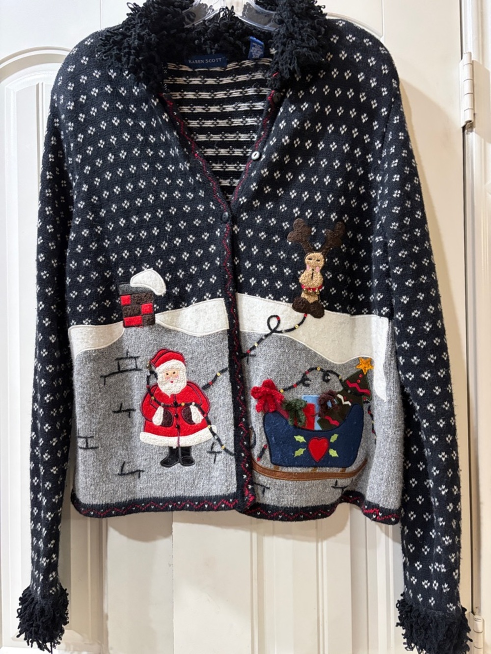 Karen Scott Black & Gray Holiday Santa Appliqué Cardigan